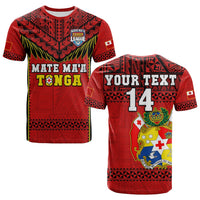 Red Tonga-style rugby T-shirt with bold front graphic and crest badge