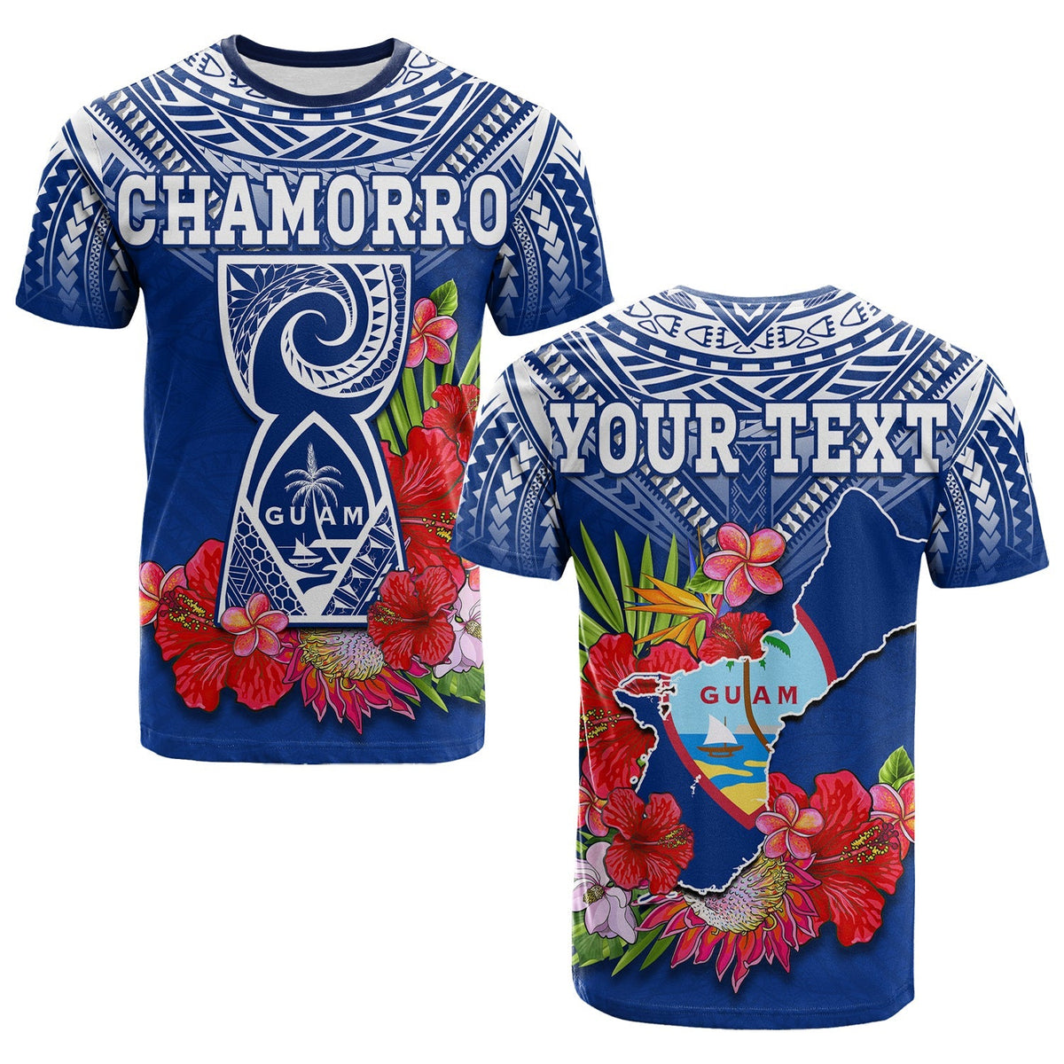 Custom Guam Chamorro T Shirt Guaman Latte Stone Tropical Flowers Blue Version - Wonder Print Shop