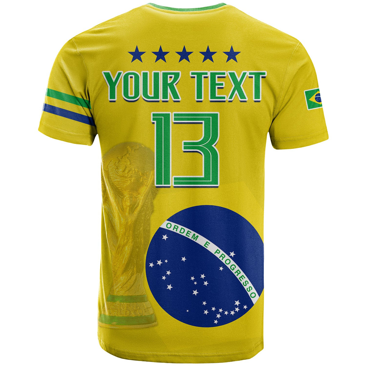 Brazil football T-shirt back: YOUR TEXT 13 over Brazil flag emblem