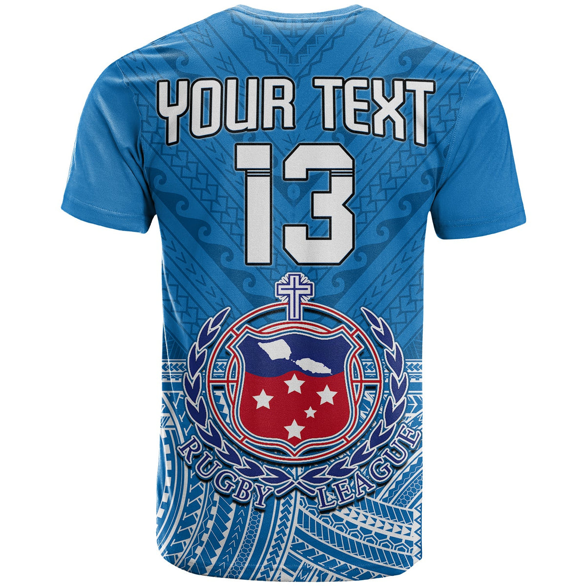Blue Samoan rugby T-shirt with 'YOUR TEXT 13' and rugby league crest