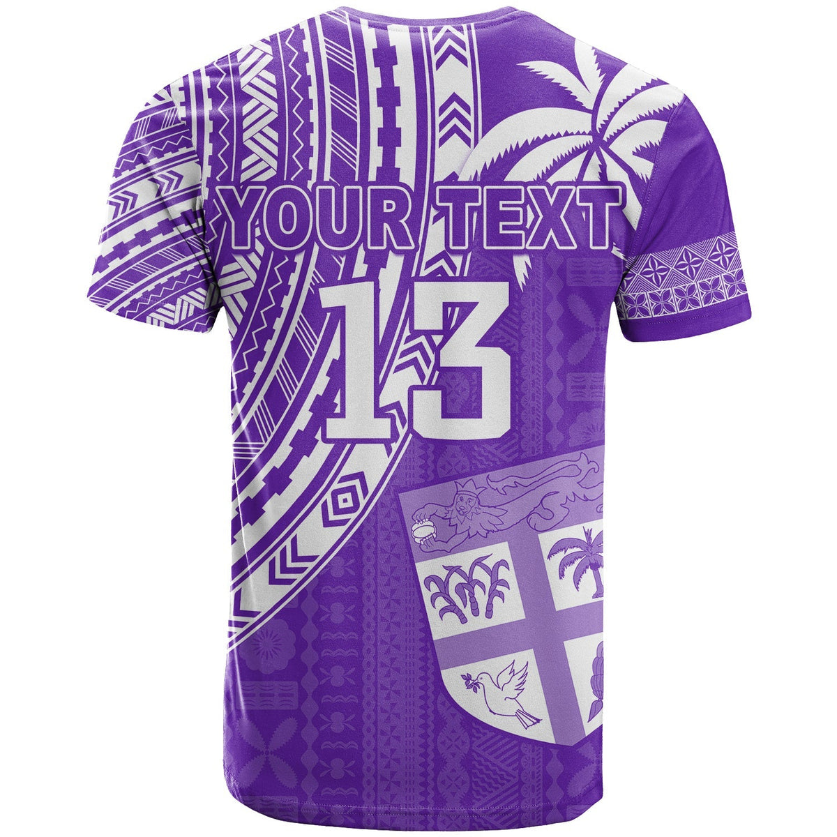 Purple rugby sevens T-shirt back with custom YOUR TEXT and number 13, tribal print