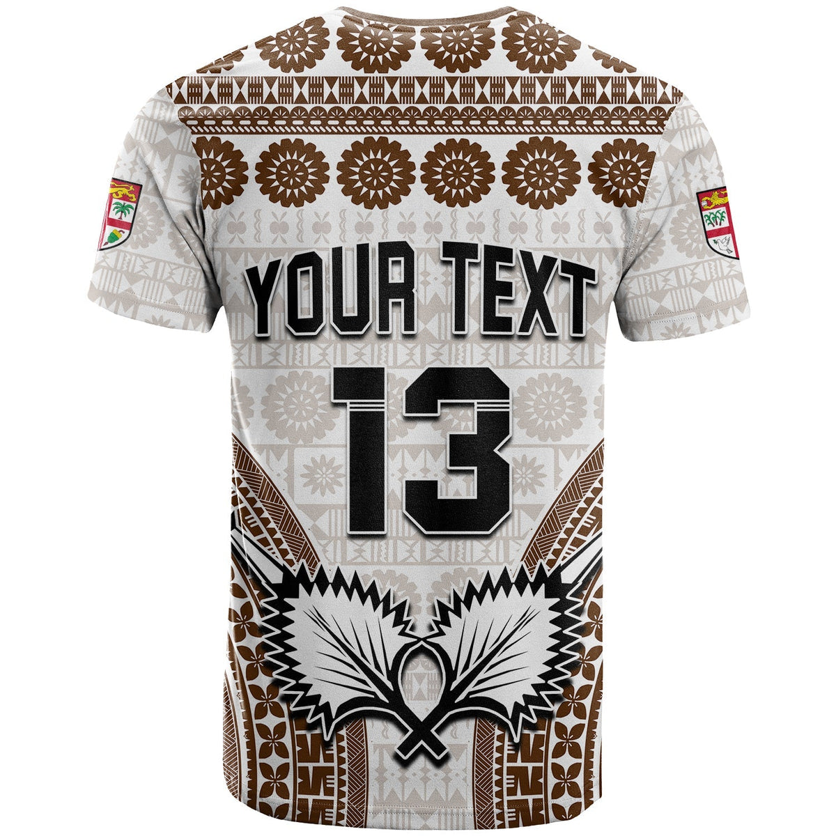 Rugby-style T-shirt, white with brown tapa pattern, 'YOUR TEXT' and '13' on back panel.