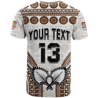 Rugby-style T-shirt, white with brown tapa pattern, 'YOUR TEXT' and '13' on back panel.