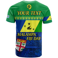 Green T-shirt with back graphic: Your Text, Malampa Fiji Day, flags & floral print
