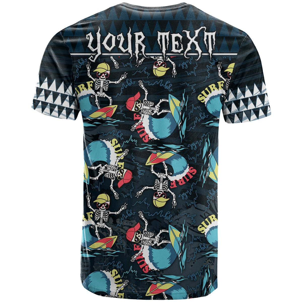 Black short-sleeve T-shirt with back text graphic and skeleton surfer wave print