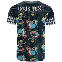 Black short-sleeve T-shirt with back text graphic and skeleton surfer wave print