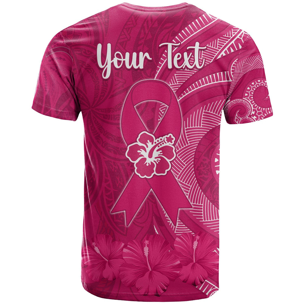 Pink awareness T-shirt with large back ribbon graphic, hibiscus flowers, and 'Your Text'