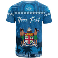 Blue Fiji Day T-shirt back with crest graphic and custom 'Your Text' over blue pattern