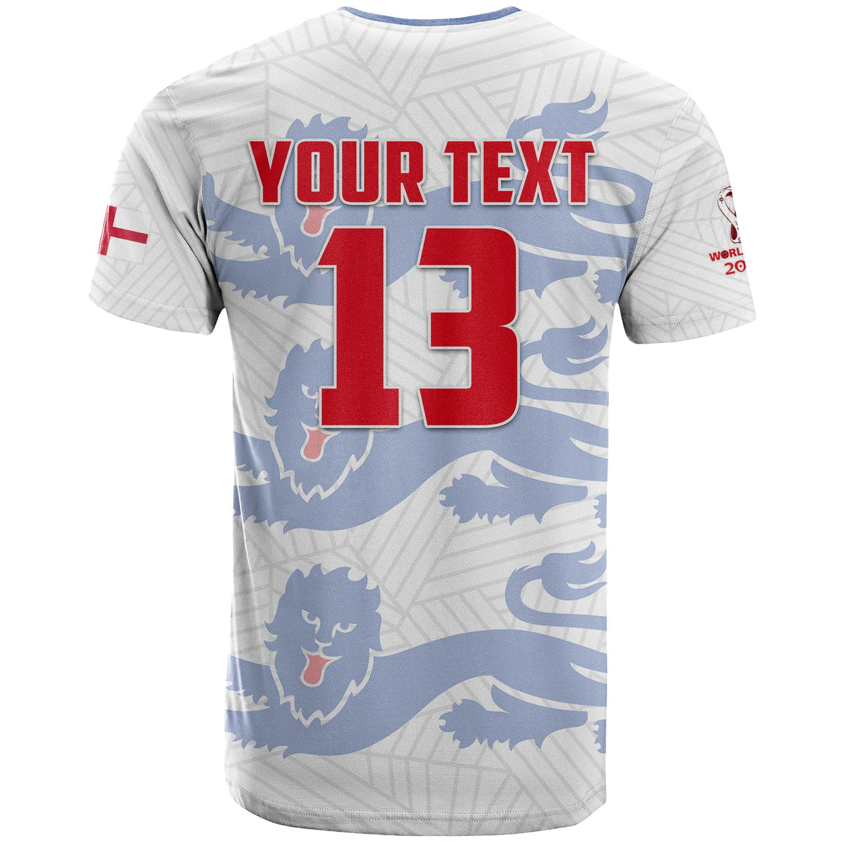 Football t-shirt, white with blue lion waves and large red '13' with 'YOUR TEXT'