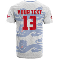 Football t-shirt, white with blue lion waves and large red '13' with 'YOUR TEXT'