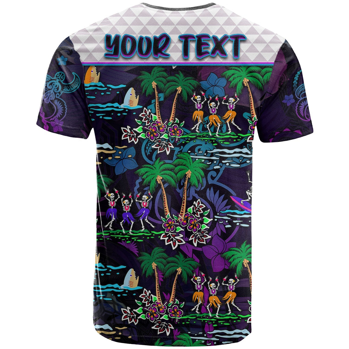 Purple Hawaiian T-shirt back with YOUR TEXT band, dancing skeletons and palms