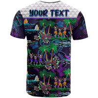 Purple Hawaiian T-shirt back with YOUR TEXT band, dancing skeletons and palms