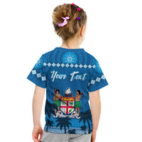 Blue Fiji Day T-shirt back with custom 'Your Text' and crest emblem on blue pattern
