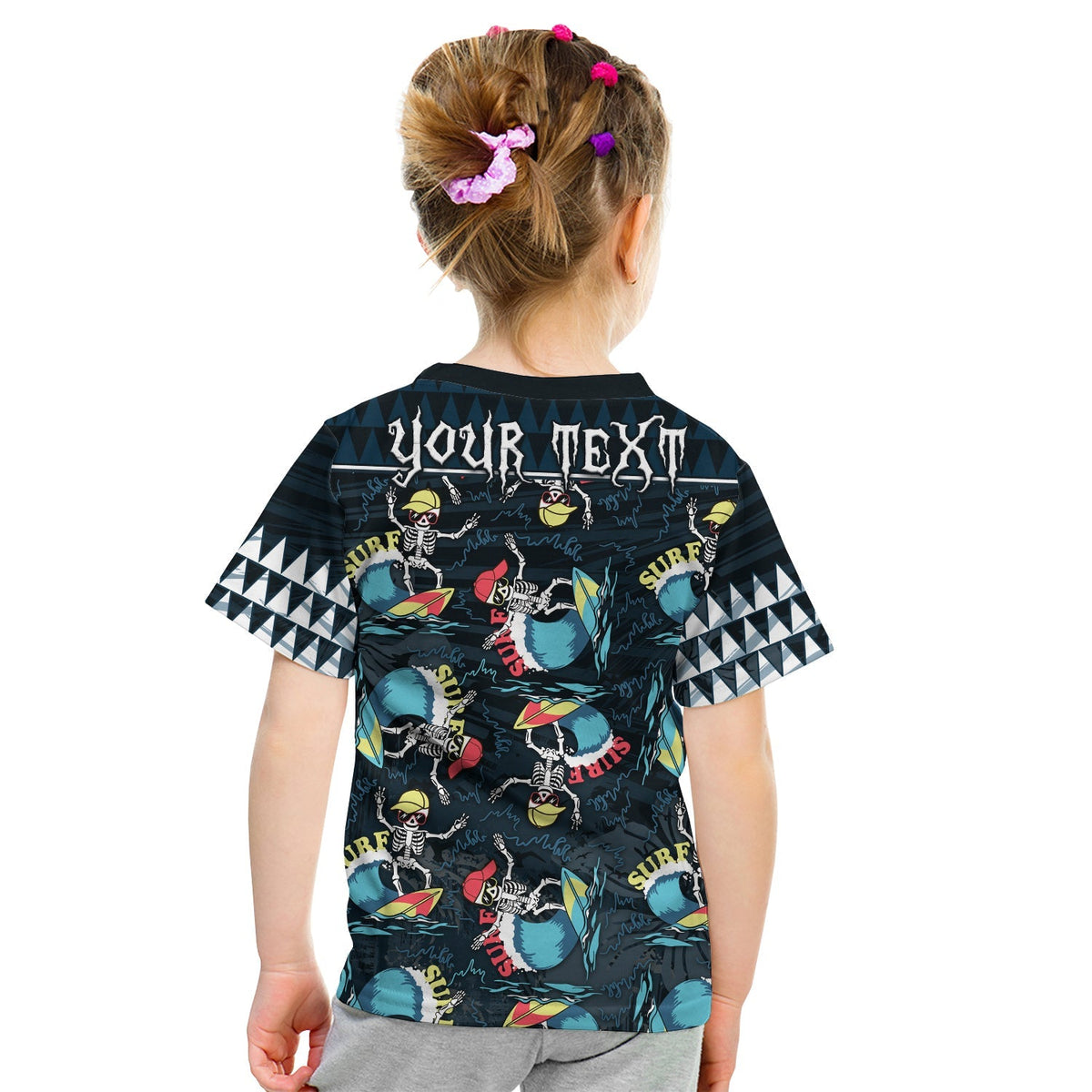 Kids black T-shirt with back text graphic and skeleton surfer wave print, crew neck