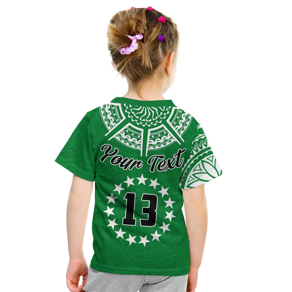 (Custom Text and Number) Cook Islands Tatau T Shirt KID Symbolize Passion Stars Version Green LT13 - Wonder Print Shop