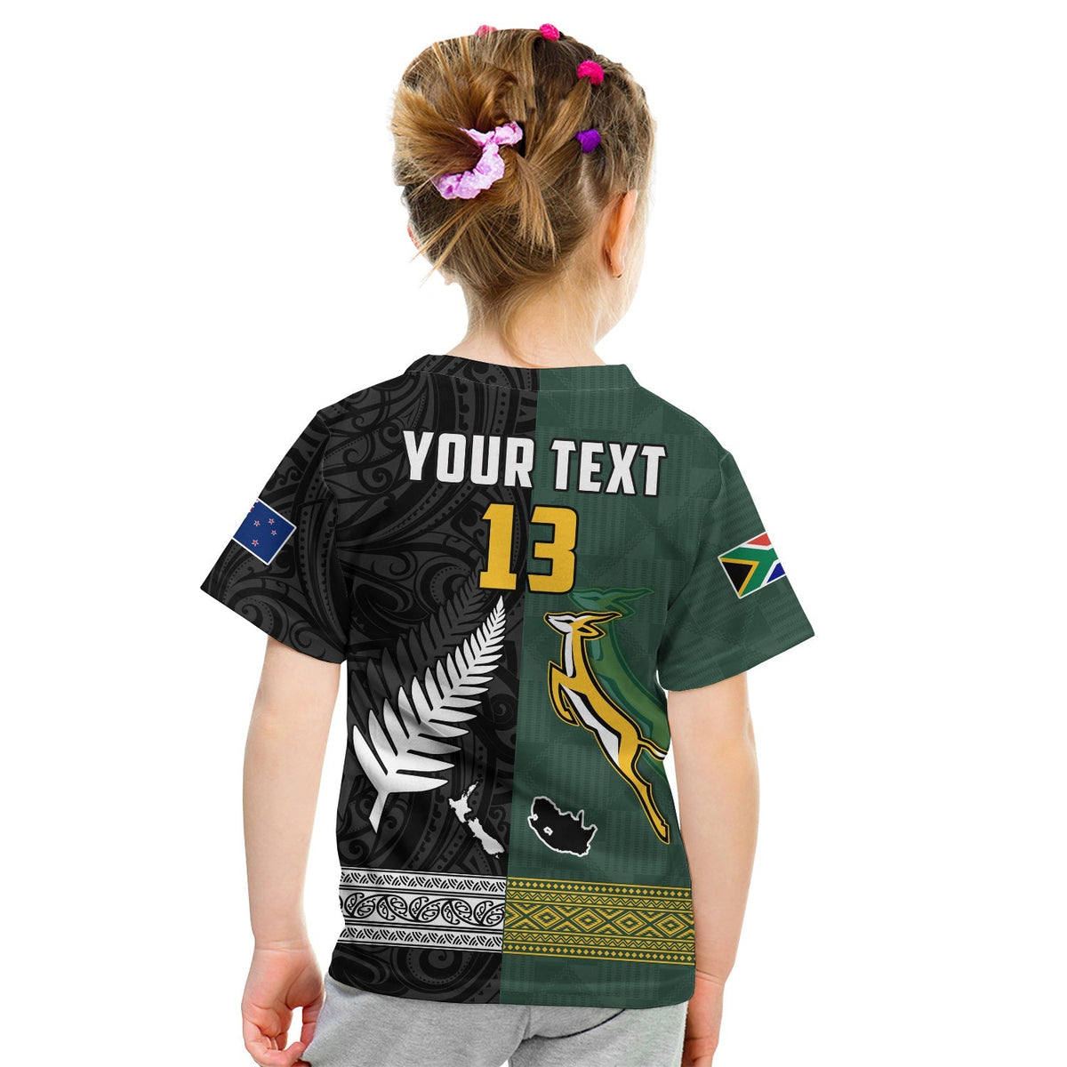 Custom Text and Number South Africa Protea and New Zealand Fern T Shirt KID Rugby Go Springboks vs All Black LT13 - Wonder Print Shop
