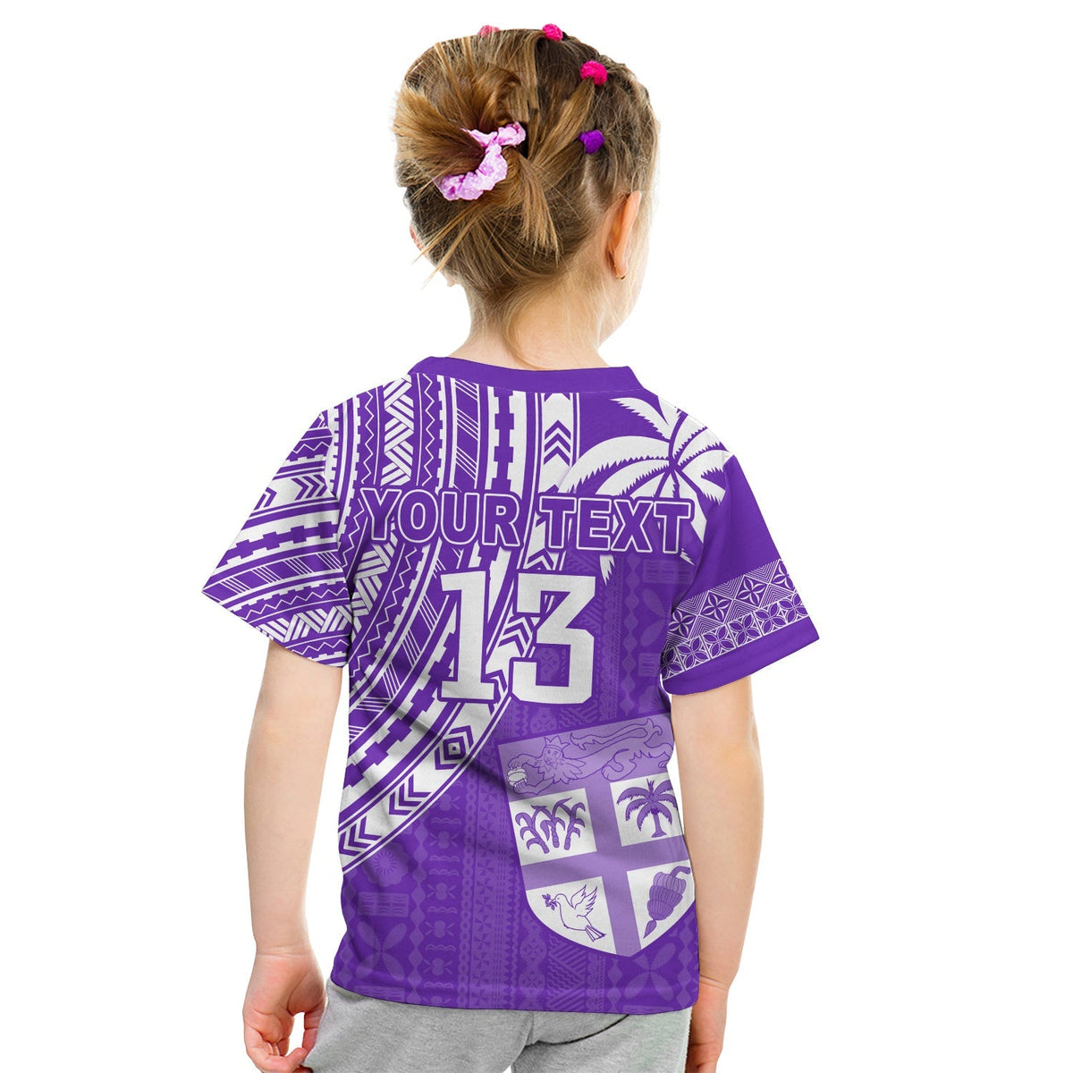 Kids purple rugby sevens T-shirt with custom text and number 13 on back panel
