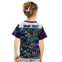 Kids dark purple graphic T-shirt with back text panel and tropical skeleton print