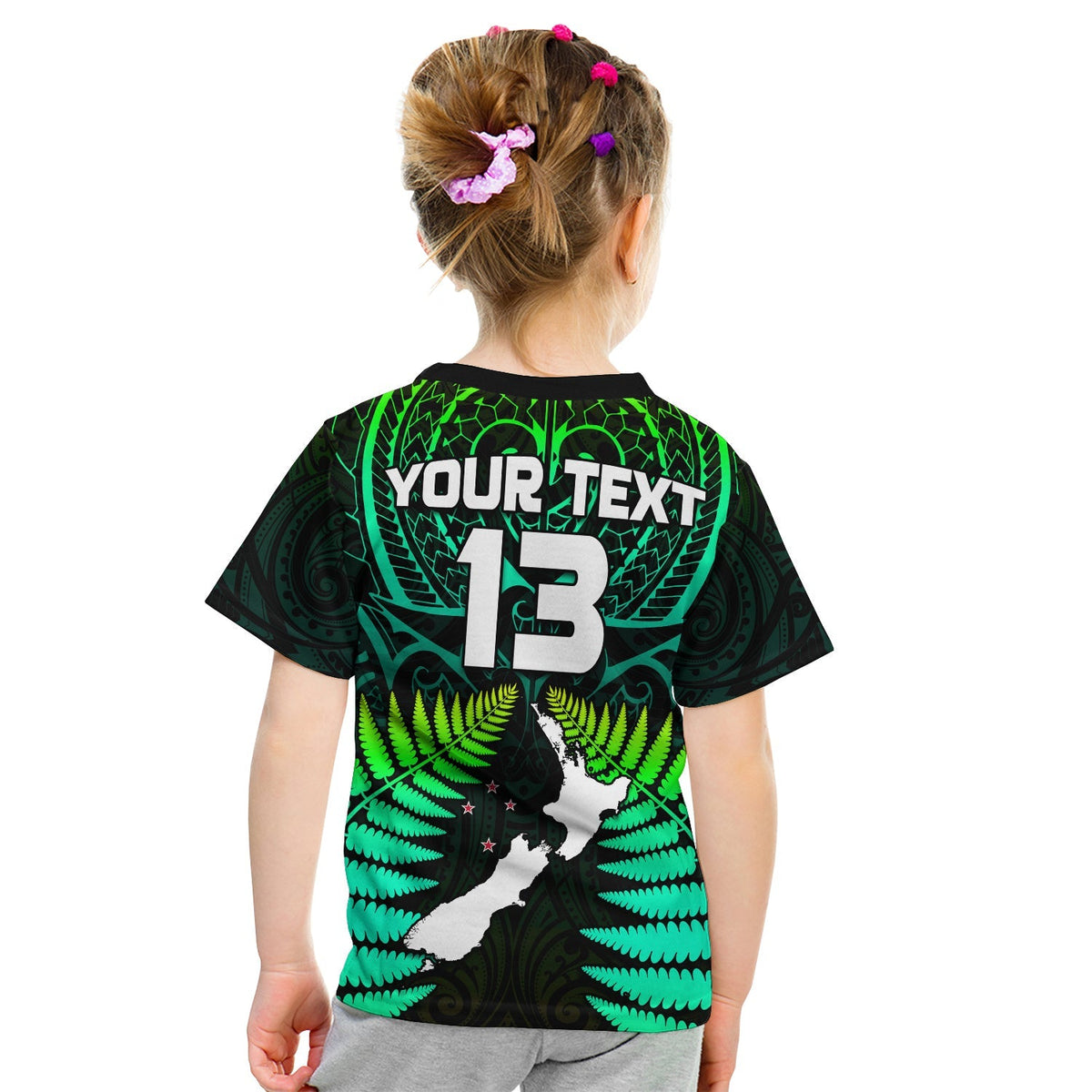 Kids black/green T-shirt back with YOUR TEXT and large 13 print