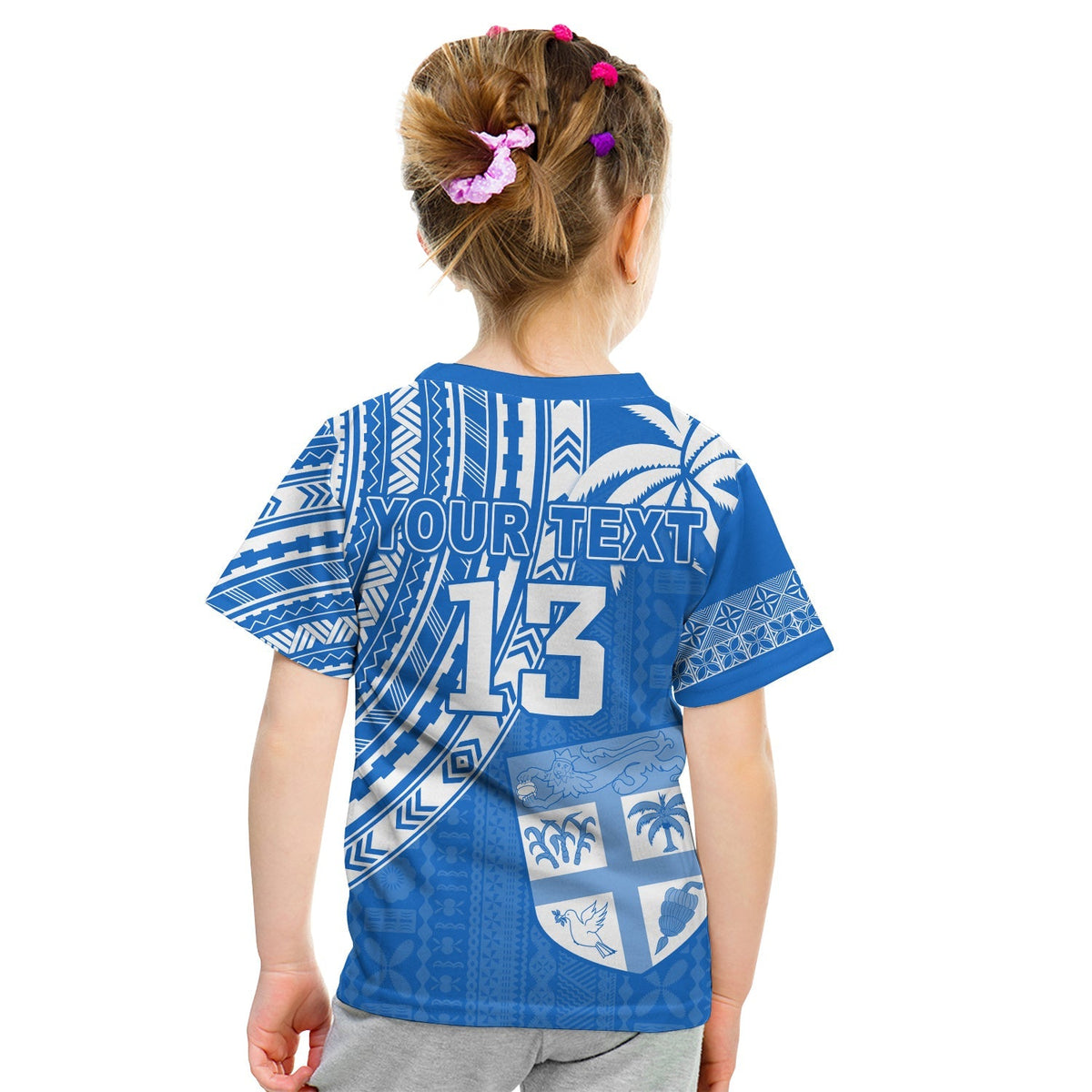 Kids rugby sevens T-shirt, blue with white back print showing 'YOUR TEXT' and 13