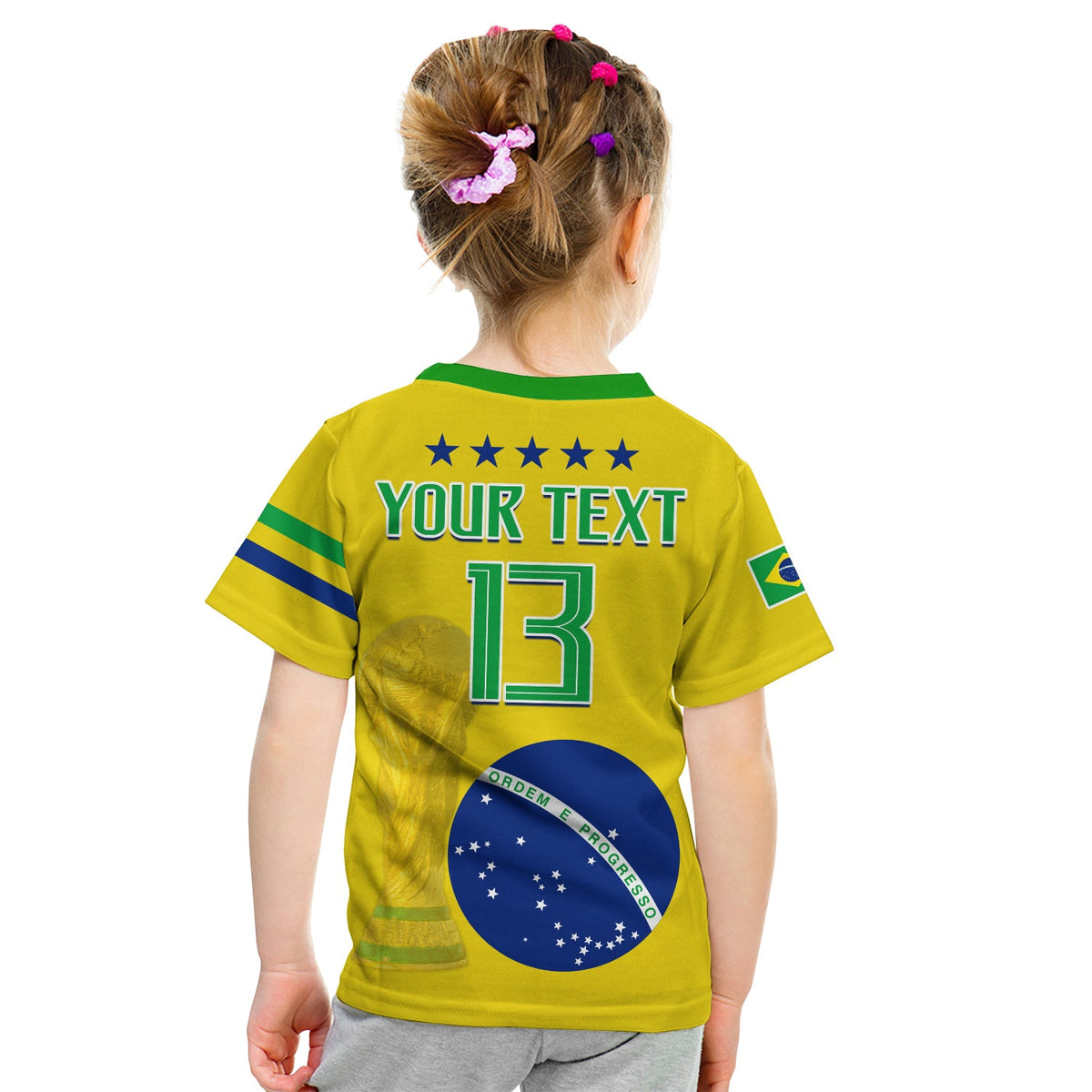 Brazil football T-shirt back: YOUR TEXT 13 with Brazil flag emblem