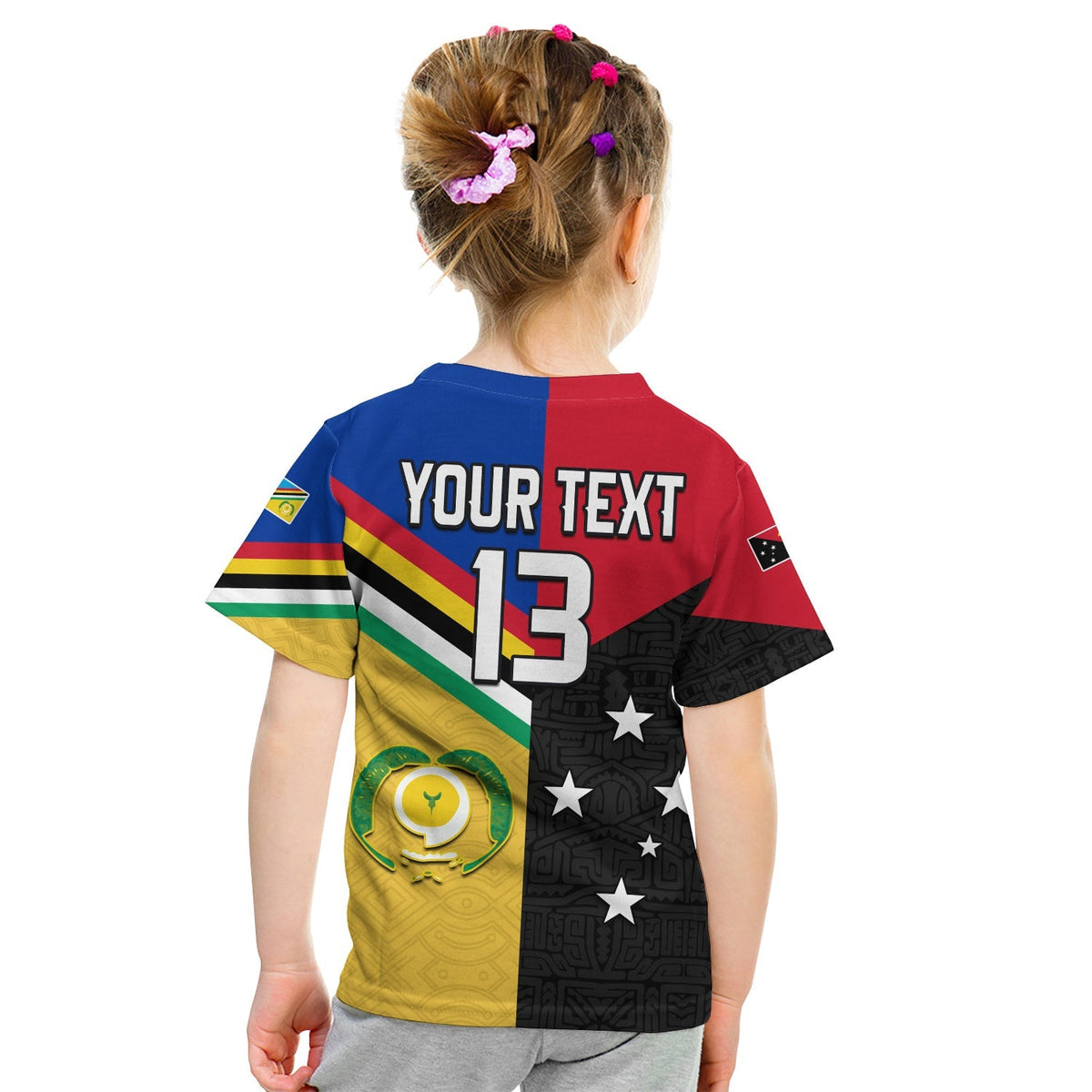 Kids T-shirt back with Your Text 13 and multicolor stripes over black star print