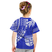 Blue rugby sevens T-shirt with FIJI text and crest graphic on shield, back view