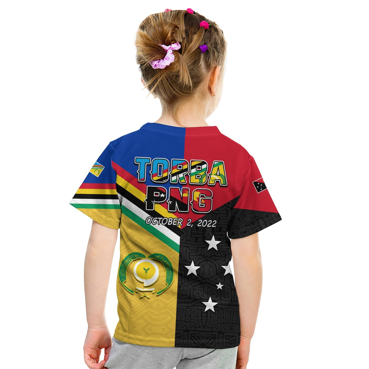 Kids' T-shirt back with TORBA PNG text, colorful stripes, and star emblem print