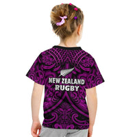 Kids purple and black rugby T-shirt back with New Zealand Rugby text and fern-and-leaf emblem