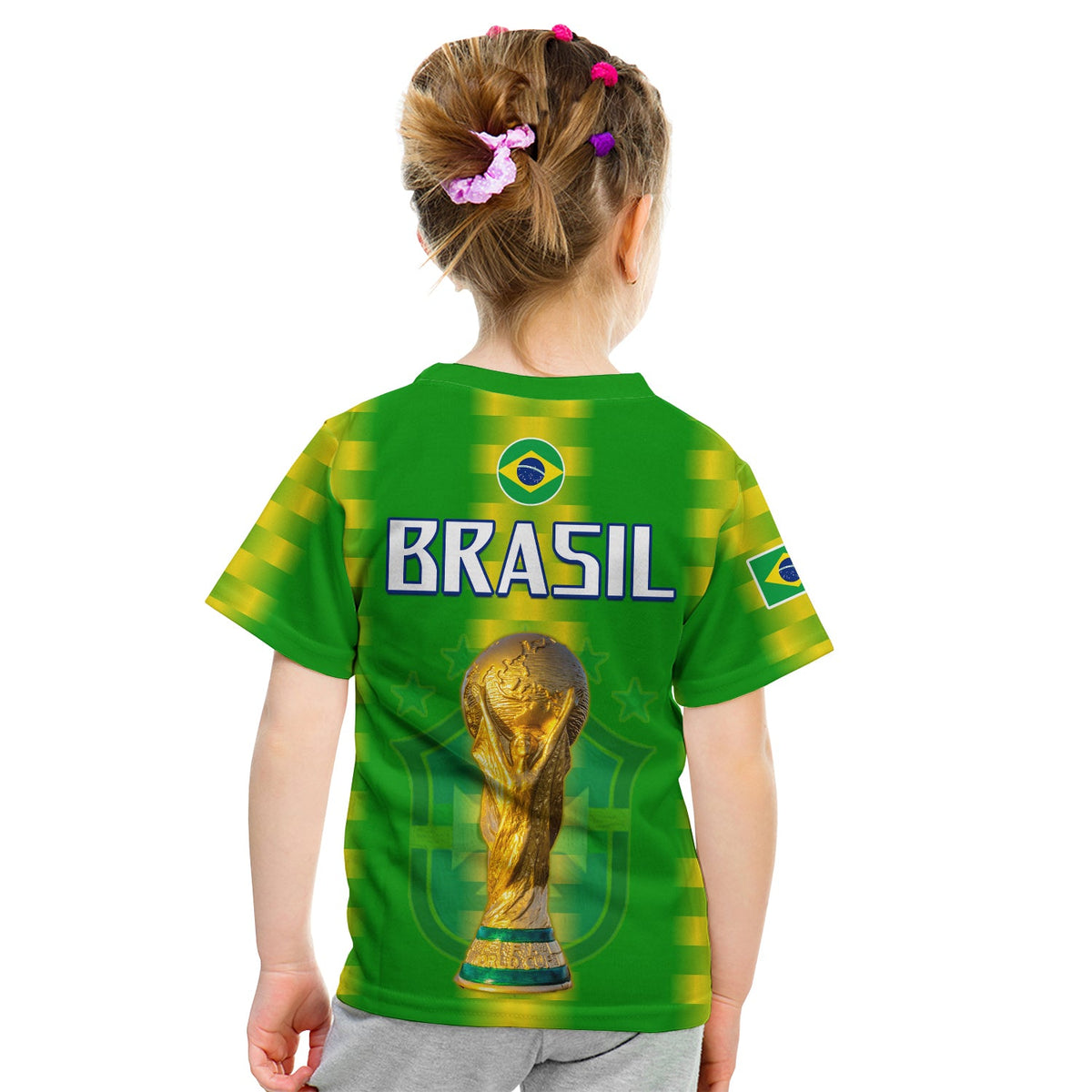 Kids Brazil football T-shirt in green with yellow stripes, BRASIL back and gold trophy