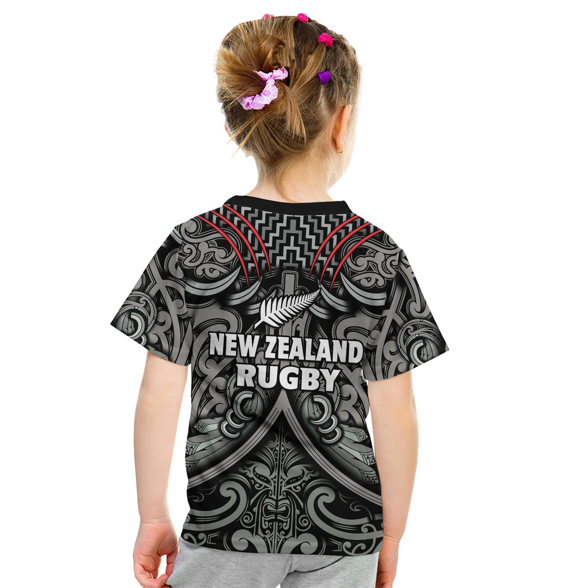 Kids rugby T-shirt, black/grey with New Zealand Rugby back print and Maori pattern
