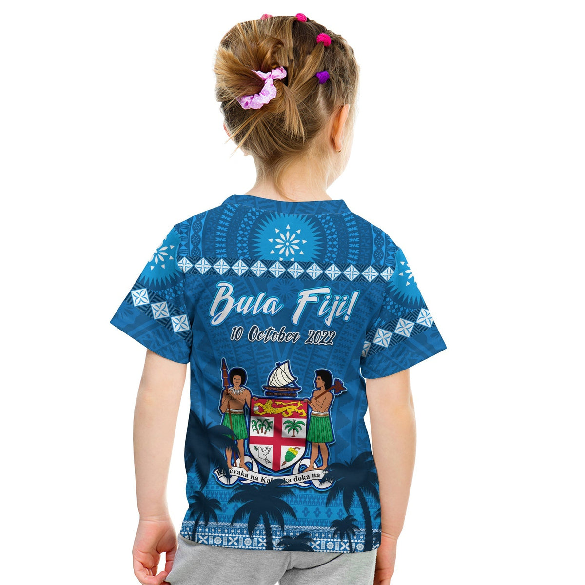 Blue kids T-shirt back with 'Bula Fiji' text, date, and shield with figures