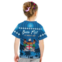Blue kids T-shirt back with 'Bula Fiji' text, date, and shield with figures