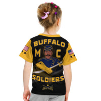 Kid black T-shirt with yellow sleeves and Buffalo Soldiers back graphic