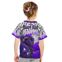 Kids purple back-print T-shirt with 'Your Text' and wave/fern design