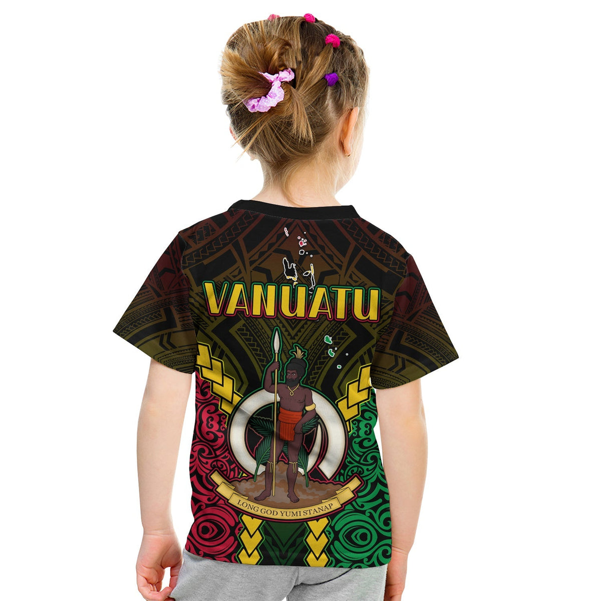Kid black T-shirt back with 'VANUATU' text, figure, and ring emblem
