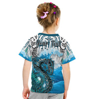 Kids blue graphic T-shirt with wave and fish motifs on the back