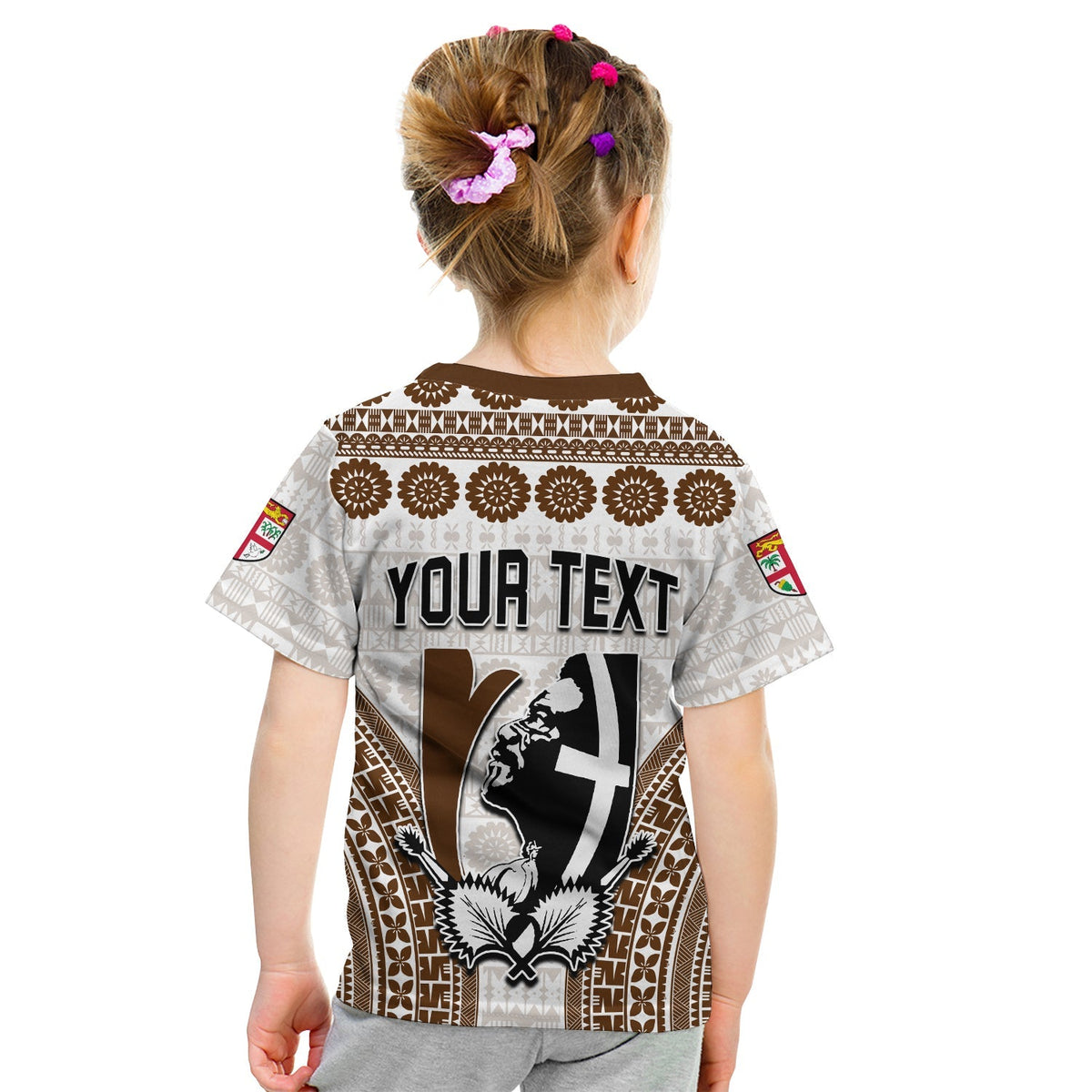 Kids rugby T-shirt back with brown collar, "YOUR TEXT" print and tapa pattern