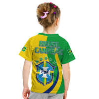 Kids Brazil football T-shirt with green/yellow back design, BRASIL CAMPEAO text and CBF crest