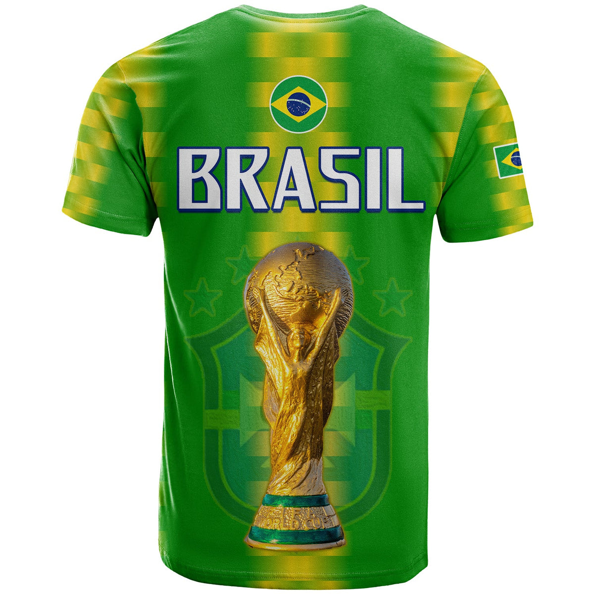 Brazil football T-shirt in green with yellow stripes, BRASIL back and gold trophy