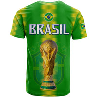 Brazil football T-shirt in green with yellow stripes, BRASIL back and gold trophy