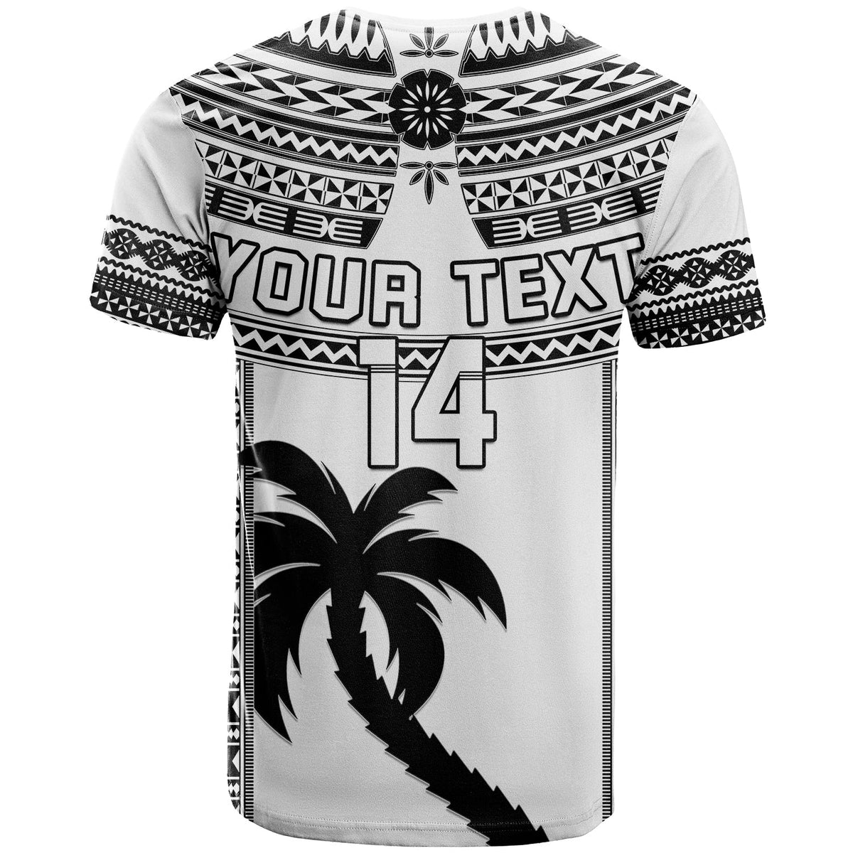 Custom rugby T-shirt back design with black-and-white tribal pattern, YOUR TEXT and number 14