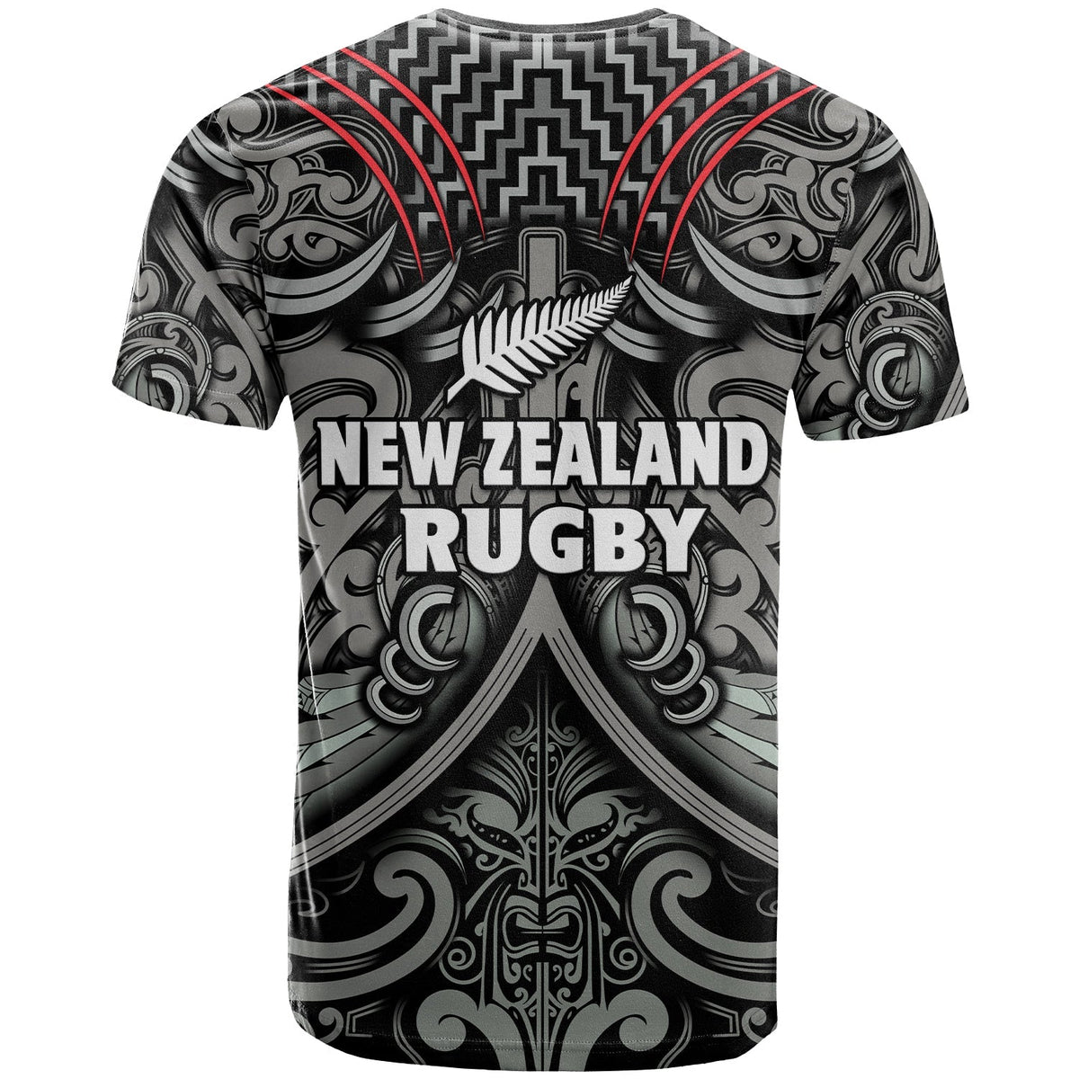 Black rugby T-shirt with Maori-style pattern, red lines, and New Zealand Rugby text.