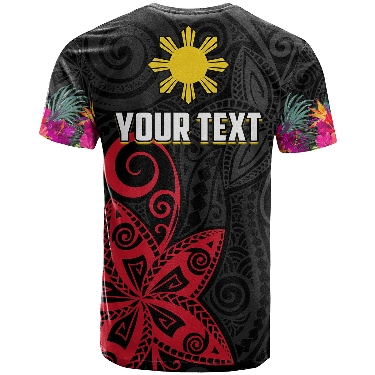Custom Philippines T Shirt Sun Filipino Polynesian mix Flowers Black Vibe LT13 - Wonder Print Shop