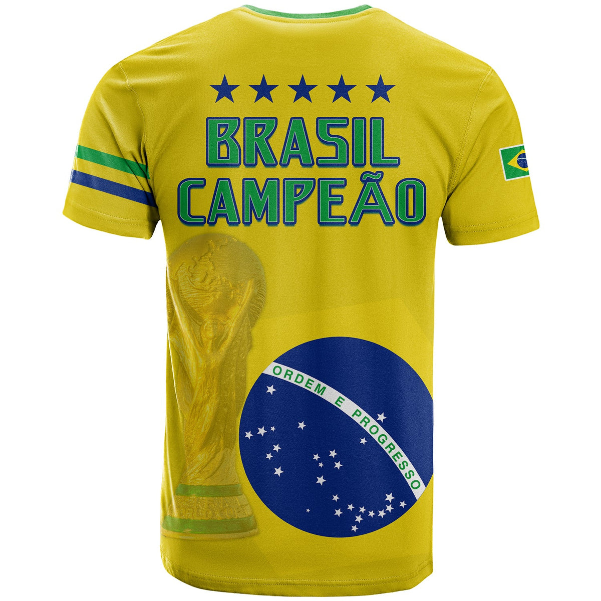 Yellow Brazil football T-shirt back with Brasil Campeão text, stars, Brazil map emblem.