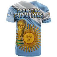 Light blue Argentina football T-shirt with 'Argentina Champions' text and trophy artwork
