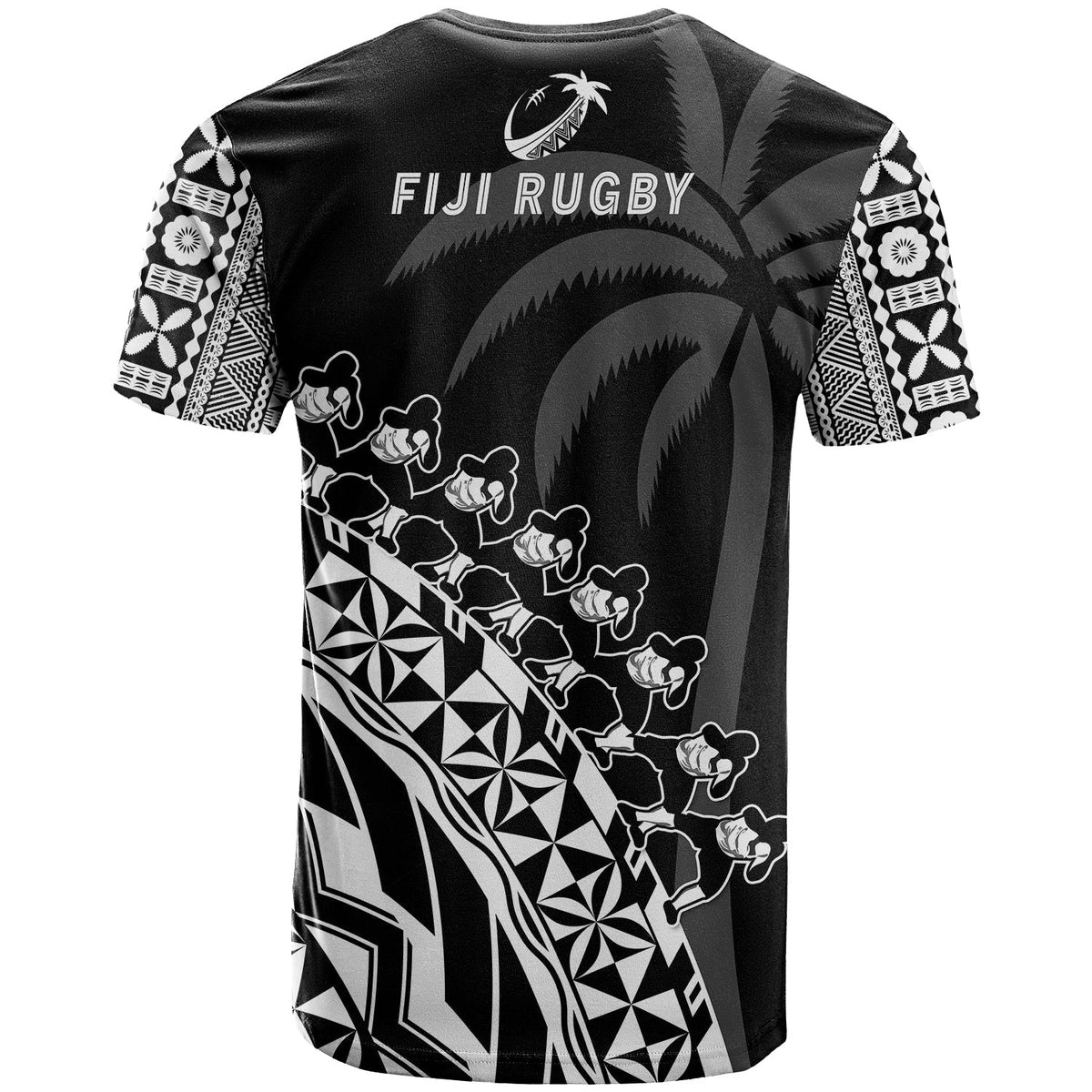 Black rugby T-shirt back view with Fijian tribal graphics and striped geometric side print.