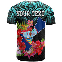 Turquoise and black T-shirt with 'YOUR TEXT' and Guam map, flowers and leaves.
