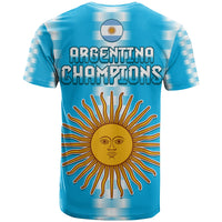 Blue football t-shirt with 'Argentina Champions' text and large sun face emblem