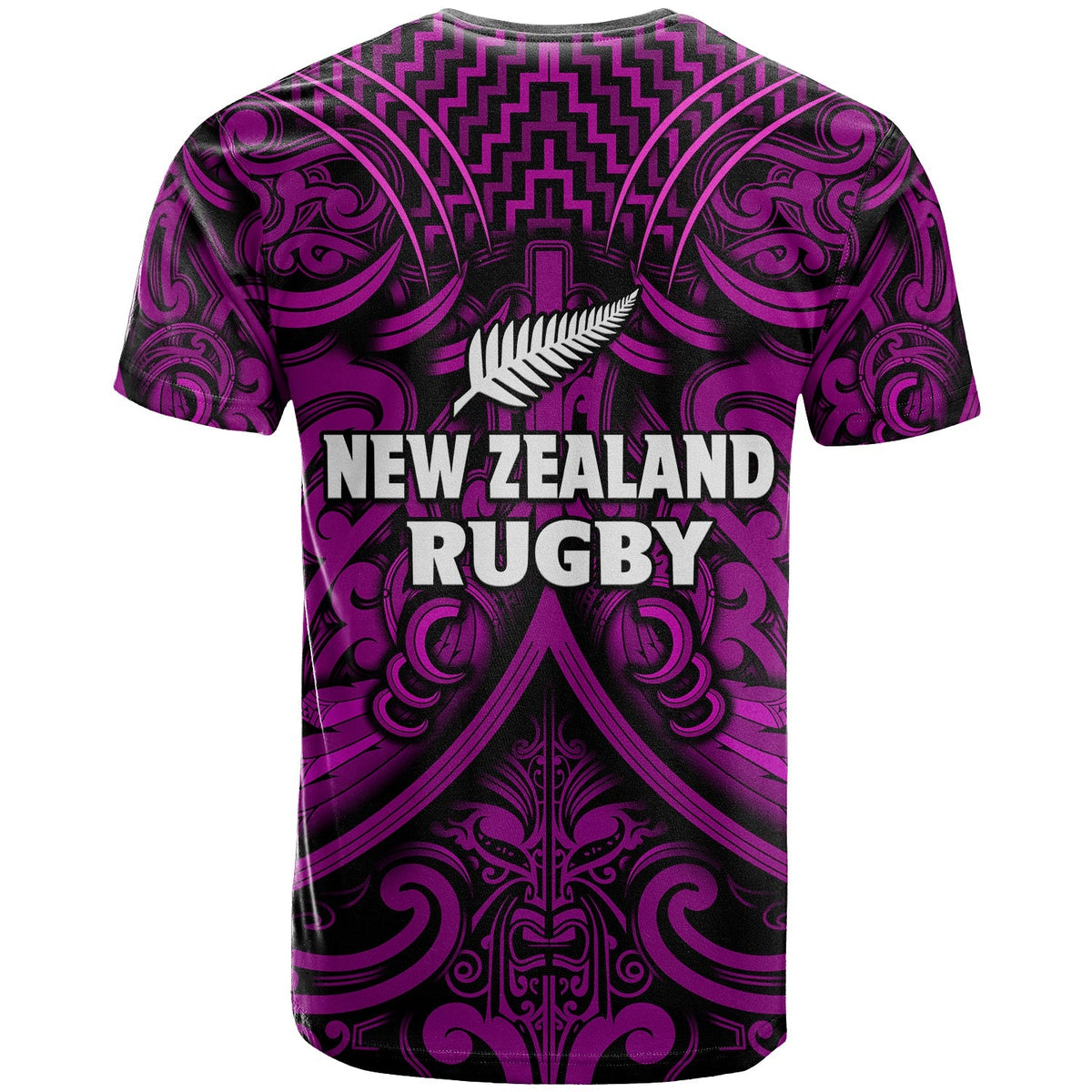 Purple and black rugby T-shirt with New Zealand Rugby text and fern-and-leaf emblem